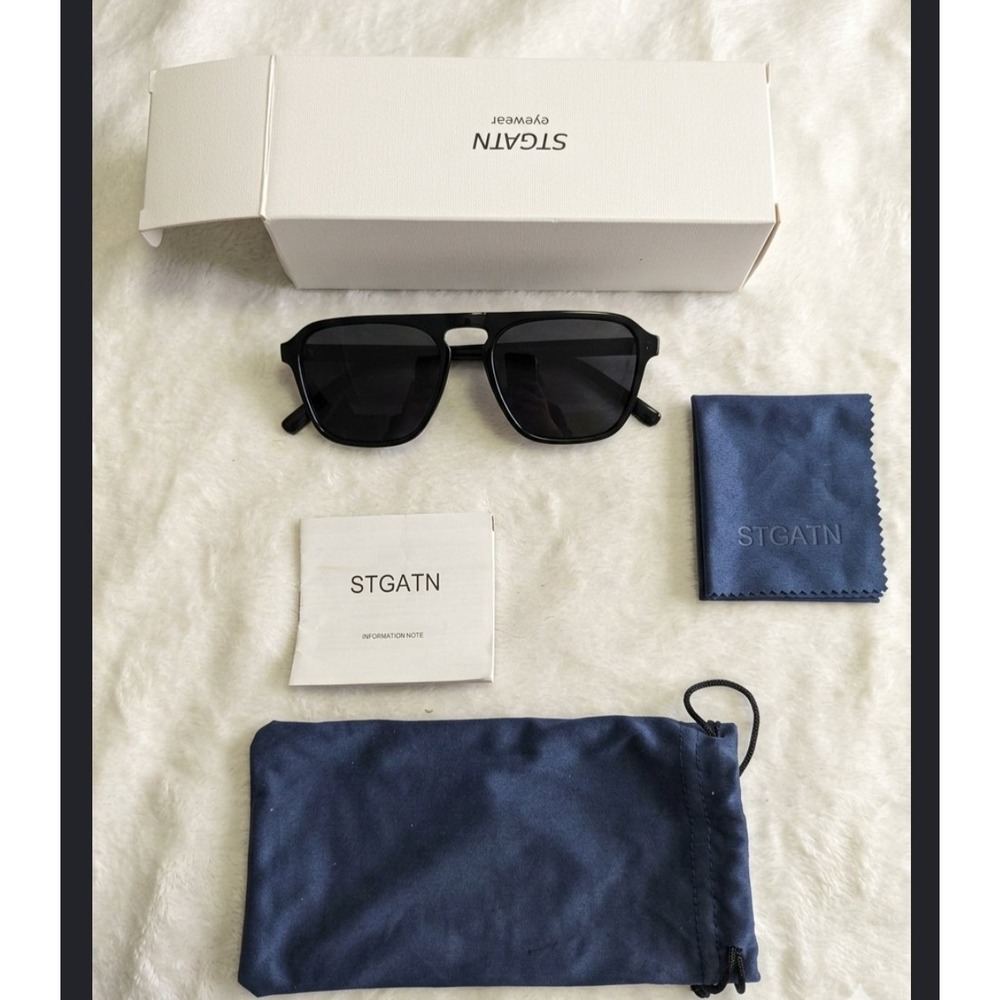 STGATN Polarized Sunglasses Black Square Flat Top Frame Aviator Style with Box